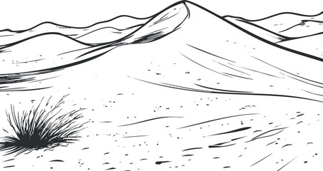 Black and white line art of desert sand dunes with sparse vegetation and dry landscape.