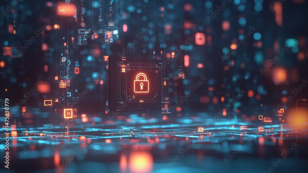 Poster securing digital spaces cybersecurity strategies virtual world infographic tech environment close-up