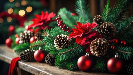 Fototapeta premium Decorative rustic display with red accents, cones, and fir branches on a wooden table.