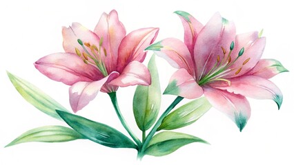 Fototapeta premium A beautiful bouquet of pink lilies with delicate petals, blooming in spring, isolated on a soft background, capturing the essence of nature and floral beauty