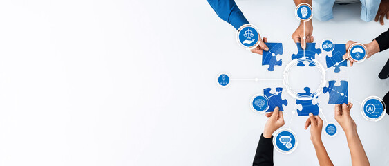 A diverse team collaborates with puzzle pieces to symbolize ethical solutions, justice, and...