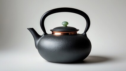 Antique cast iron teapot with textured design, jade lid knob, black handle, and copper band, isolated on white