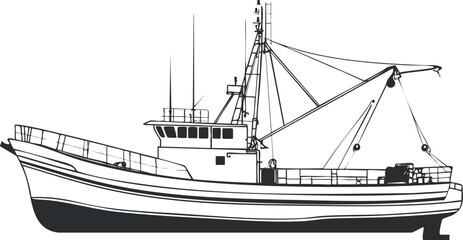 Black and white side view illustration of a fishing boat with detailed fishing equipment and cabin