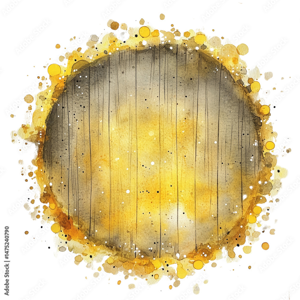 Poster abstract golden circular watercolor splatter design on isolated transparent background