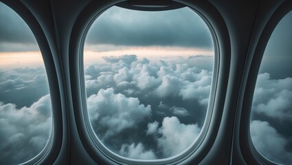 Naklejka premium Spectacular sky and clouds scene seen through airplane window, highlighting adventure, contrast, and serene atmosphere in summer travel