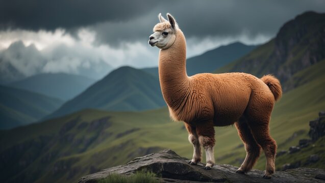 Lama at Huchuy Picchu in the Peruvian forest overlooking Machu Picchu
