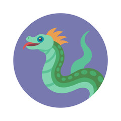 Stylized snake illustration within a purple circular frame design