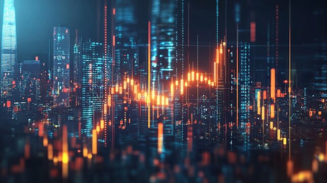 Market trends rise in urban finance hub dynamic data visualizations cityscape nighttime digital insights