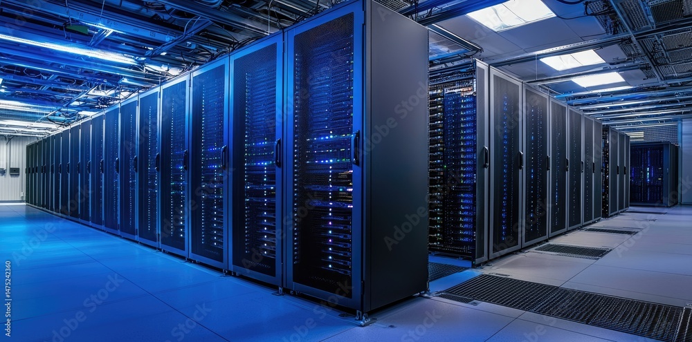 Aufkleber High-tech server room with multiple rows of illuminated blue server racks under a ceiling grid of lights and cables. Ideal for showcasing cloud systems or data infrastructure