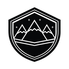 Modern minimalist emblem depicting mountain peaks and stars within a decorative shield shape illustration