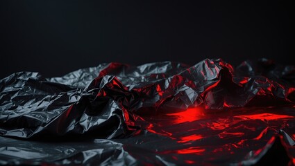 Textured black and red polyethylene surface with crumpled, abstract style
