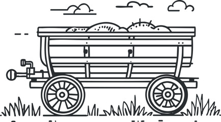 Black and white illustration of a wooden farm wagon filled with vegetables in a rural outdoor setting
