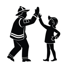 Silhouette illustration of a firefighter giving a high five to a young child symbolising safety and support