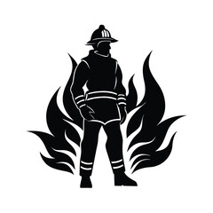 Silhouette of a courageous firefighter standing steadfast in front of flaming blaze as a symbol of bravery