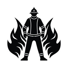 Silhouette of a courageous firefighter standing tall amidst flames depicting bravery and heroism in action