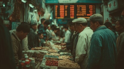 Obraz premium Crowded local market scene with people buying and selling goods under glowing price display board ideal for economics visuals, cultural trade concepts and human-centered commerce topics