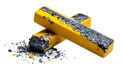Close up of two yellow bars with black debris on top and around them on a black background
