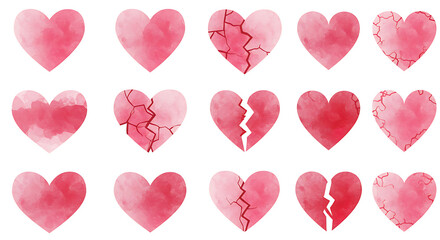 Watercolor hearts set: whole, cracked, and broken - vector graphic for love, heartbreak, and relationship concepts