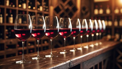 Sophisticated setting with red wine glasses in a restaurant or bar