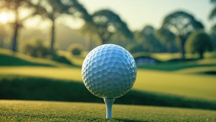 Tee with golf ball in front of a blurred green scene. Main focus on the ball.