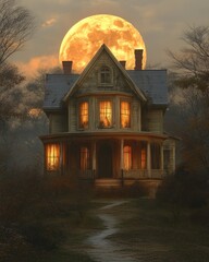 Haunted house at dusk under a large moon