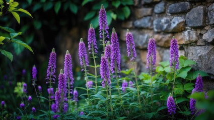 Obraz premium Agastache foeniculum, also called anise hyssop, a medicinal herb with colorful flowering heads growing outdoors near a stone wall.