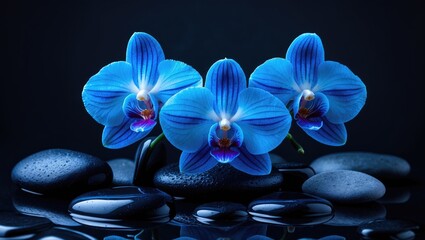 Fototapeta na wymiar Wide-angle panorama with vibrant blue orchids and calming zen stones
