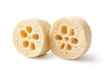 Two pale yellow, naturally-dried, flower-patterned loofahs