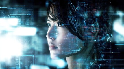 A young woman with in front of a big monitor in the middle of a modern server room. Collection and storage of large amounts of data. The young woman oversees data collection with confidence.