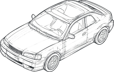 Fototapeta premium Black and white line art sketch of a modern four-door sedan car with sunroof and detailed wheels