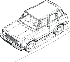 Fototapeta premium Black and white line art illustration of a classic sedan car viewed from an elevated angle showing details of the body and wheels.