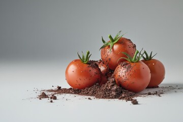 Freshly harvested tomatoes arranged on soil with earthy tones highlighting their vibrant color