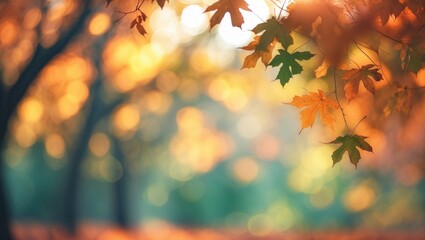 Defocused Autumn Leaves and Nature Scene with Fuzzy, Colorful Bokeh in a Yellow Background