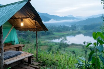 Tranquil lakeside camping spot in misty mountain landscape at dawn
