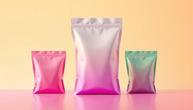 Minimalist vector gradient pouch mockup, resealable sachet for various products, design, minimal