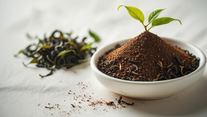 White bowl filled with Assam black tea (chai) Patti Powder for Masala tea