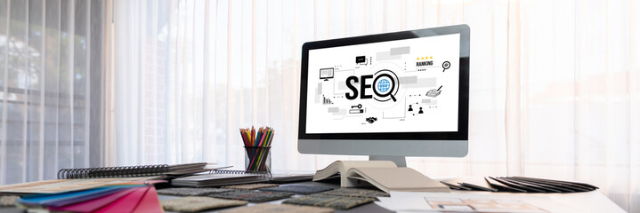 SEO search engine optimization for brisk e-commerce and online retail business showing on computer...