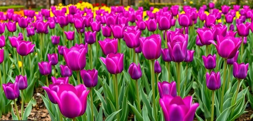 Panoramic view of vibrant violet tulips in a lush spring garden, botany, stunning