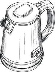 Detailed black and white sketch of an electric kettle with handle, spout, lid, and power button