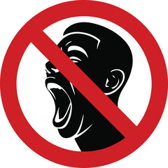 Black silhouette of a shouting face as a no shouting sign with a red slash, representing silence, respect, and prohibition in minimalist vector style
