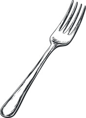 Hand-drawn black and white illustration of a classic four-tined fork used for dining and eating