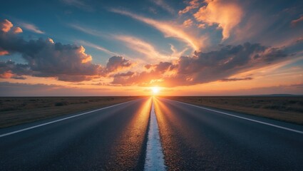 Urban street with textured asphalt and beautiful sunset sky backdrop