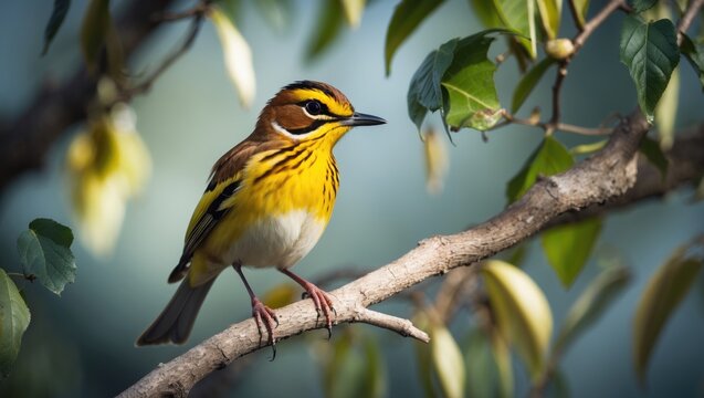 Vibrant Dickcissel with a beak and wings visible, perched on a branch amidst natural surroundings, singing and chirping