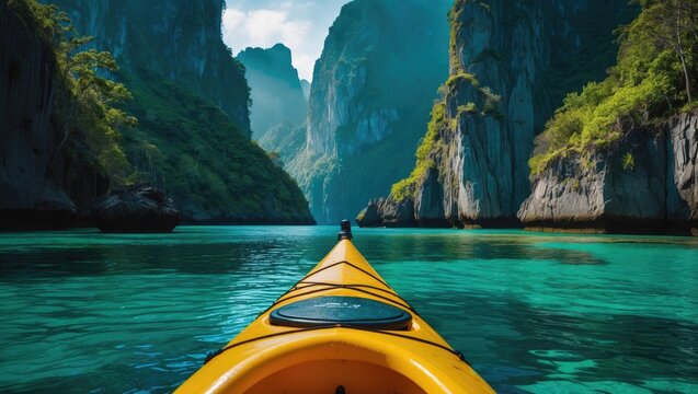 Kayak expedition across the mountain island lagoon