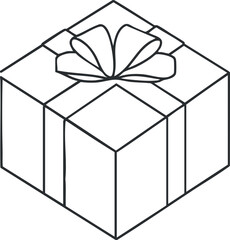 Black and white line drawing of a gift box wrapped with ribbon and bow for celebrations and holidays