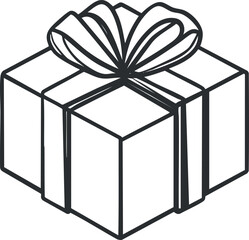Black and white line art illustration of a gift box wrapped with ribbon and bow for celebrations