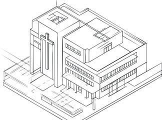Fototapeta premium Isometric line drawing of a modern church building with a cross on the facade, architectural sketch