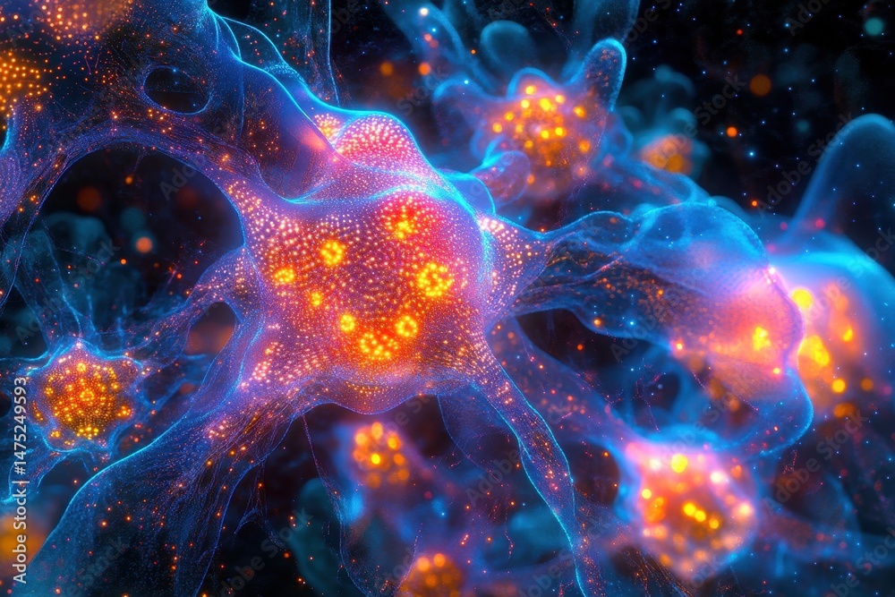 Poster colorful microscopic view of neurons displaying intricate connections and vibrant patterns in a deep