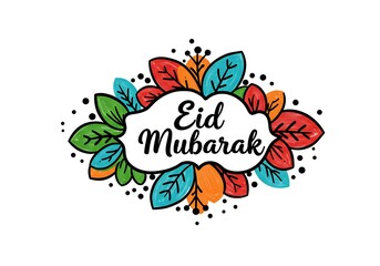 Eid Mubarak greeting card with colorful leaves illustration festive designs, holiday greetings, and cultural celebrations