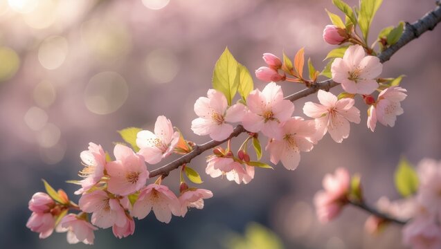 Blossoming flowers on a sunny spring day with blurred floral background